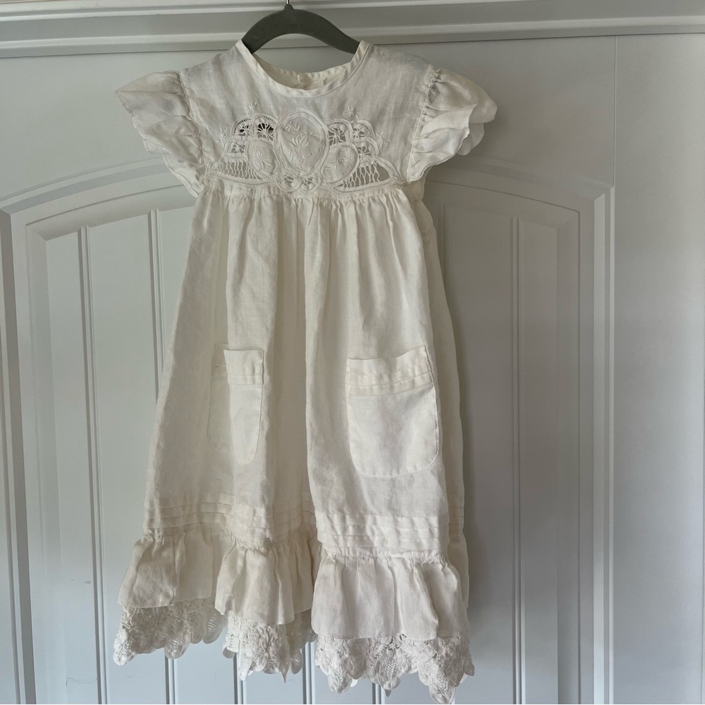 Heirloom toddler girl linen White Lace Dress boutique ruffle eyelet Lee & Lee 4t